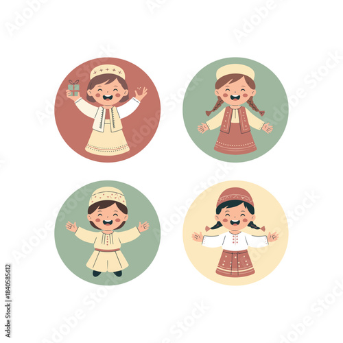 Celebrating Childhood: Captivating illustrations depict diverse children in joyous expressions of youthful exuberance, in a vibrant and welcoming portrayal of cultural unity and universal joy.