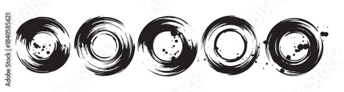 Five black circular brush strokes arranged horizontally create an abstract artistic design with expressive ink splatters and textured edges.