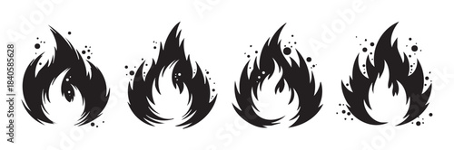 Four stylized fire flame icons with varying abstract shapes and dynamic details, perfect for conveying concepts of heat, energy, and passion.