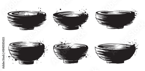 Six hand-drawn ink style bowls with artistic brushstrokes and splatters, creating a graphic design element in a traditional Asian art aesthetic.