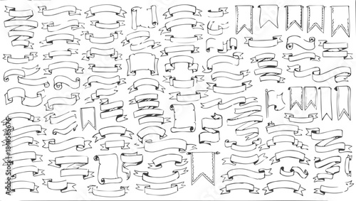 Hand-Drawn Banners and Ribbons, Monochrome Line Art Collection, hand-drawn banners, doodle ribbons, sketchbook banner collection, black line art, minimalist ribbon illustration, decorative banners,