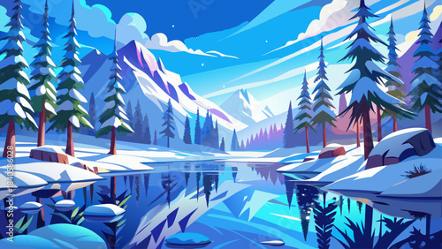 Very beautiful winter scene featuring snow-covered trees reflected perfectly in a crystal-blue lake under bright sunlight, evoking calm, purity, and seasonal serenity.