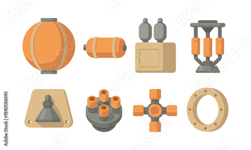 Industrial machinery parts collection, flat vector illustration, engineering icons