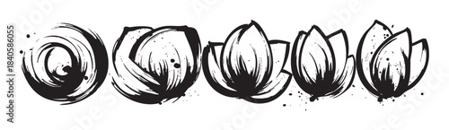 Stylized black ink brush strokes depicting a lotus flower in various stages of growth, from a swirling bud to a fully open blossom, with a traditional sumi-e aesthetic.