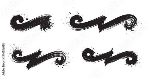 Abstract black brush strokes with dynamic swirling ends and ink splatters create a versatile design element for artistic projects.
