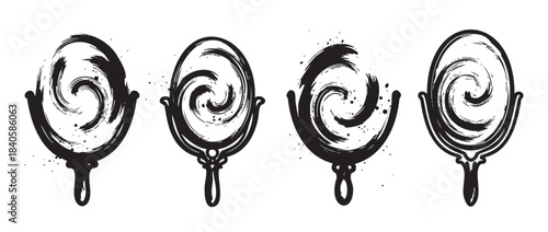 Four stylized hand mirrors feature swirling brushstroke reflections, creating an artistic and mystical visual effect with a grunge texture, perfect for abstract design.