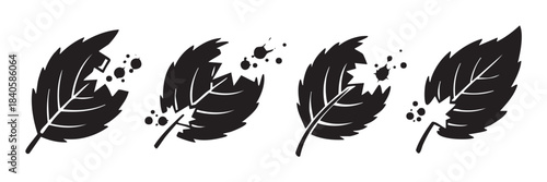 Set of stylized leaves with bite marks and surrounding debris, representing plant health issues, pest control needs, or natural decomposition processes.