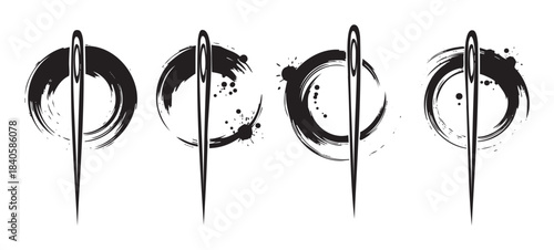 Four stylized sewing needle illustrations piercing through artistic brushstroke circles, showcasing unique grunge ink textures and dynamic splatters.