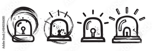 Four distinct alarm light icons with a hand-drawn, grunge style, depicting emergency signals and warnings in a vector illustration set.