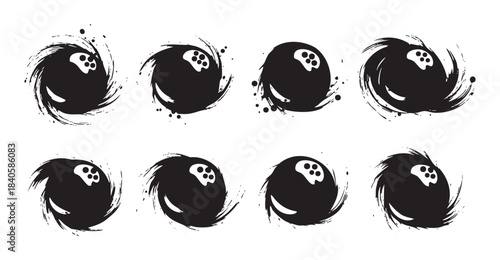 Eight distinct bowling ball icons are presented with dynamic grunge brush stroke swirls and splatter effects, ideal for sports and recreation design projects.