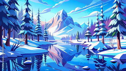 Very beautiful winter scene featuring snow-covered trees reflected perfectly in a crystal-blue lake under bright sunlight, evoking calm, purity, and seasonal serenity.