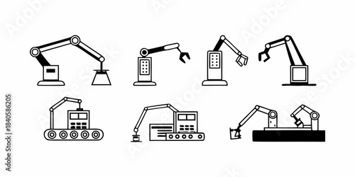 Diverse set of industrial robotic arms and manufacturing machinery illustrations, representing automation, assembly, and production processes in modern factories for technological innovation