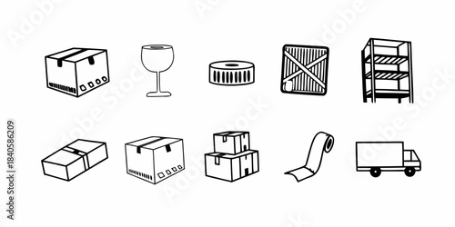 Diverse hand-drawn doodle icons illustrating the essential elements of a modern logistics and shipping process, perfect for business, e-commerce, and supply chain visualizations