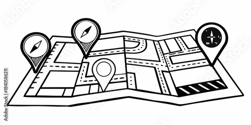 Hand-drawn illustration of a map with location pins, representing navigation and travel planning