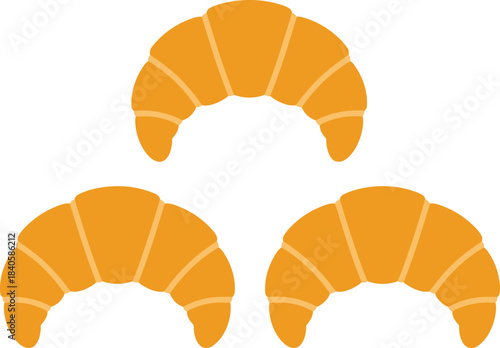 Croissant illustration, three pastries, baked goods, French bakery food, golden bread rolls, breakfast pastry icons, simple cartoon style vector