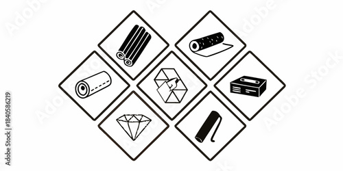 Diverse collection of monochrome industrial material icons, illustrating various raw products and processed items for manufacturing and packaging industries