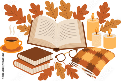Cozy autumn reading scene illustration, open book, candles, fall leaves, warm blanket, coffee cup, fall hygge concept vector art
