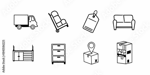 Set of isolated moving and storage icons on white background, including truck, trolley, tag, couch, cabinet, drawers, map pin, and box
