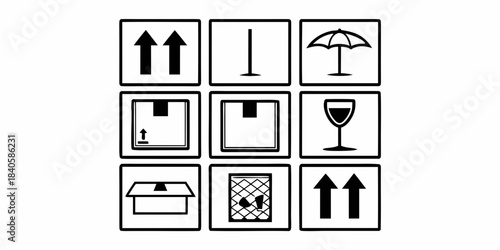 Universal packaging symbols in black and white, providing crucial handling instructions for safe transportation, storage, and proper care of fragile goods and products