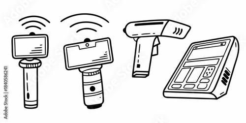 Concept art doodle of essential handheld technological devices, showcasing portable communication tools, data capture scanners, and compact computing terminals for modern use
