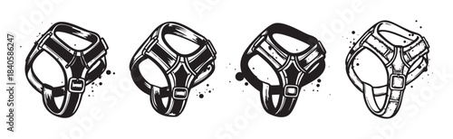 Four different stylized dog harnesses with buckles and straps showcasing various designs in a bold black and white grunge illustration style.