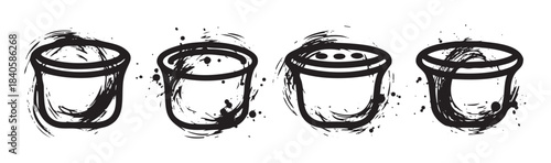 Four artistic hand-drawn cups with grunge ink splatters and brushstroke textures, creating a unique and expressive graphic design element.