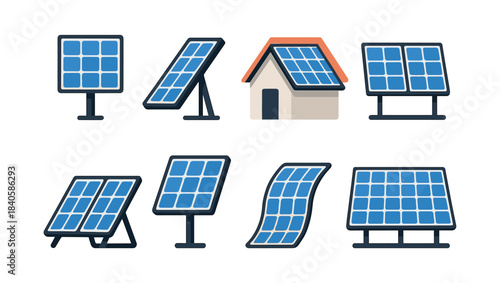 Solar panel designs, eco energy sources, flat vector illustration