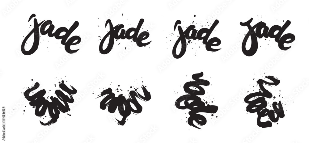 Naklejka premium Artistic hand drawn brush stroke calligraphy elements with expressive ink splatters creating a dynamic and modern graphic design resource.