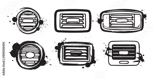 Car air vents and grilles are depicted in a grunge style, featuring various shapes like circular and rectangular designs with expressive ink splatters.