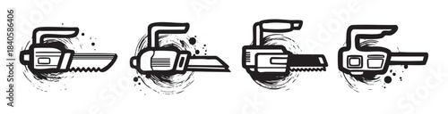 Four stylized power saws with grunge ink splatter effects, representing industrial tools and craftsmanship in a bold graphic design.