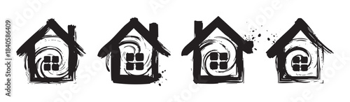 Four stylized brushstroke house icons feature unique spiral designs and window elements, conveying a sense of artistic home and property concepts.