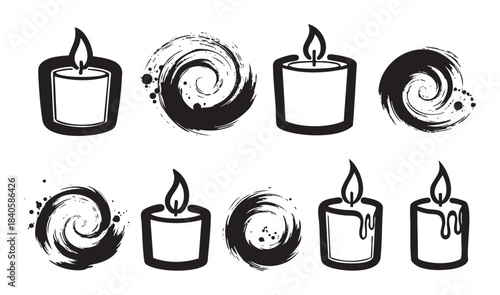 Stylized black and white candle icons and abstract brushstroke swirls offer a versatile graphic design collection for various projects.