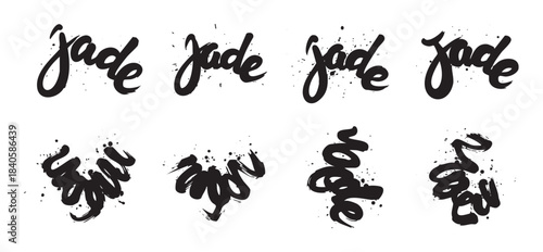 Artistic hand drawn brush stroke calligraphy elements with expressive ink splatters creating a dynamic and modern graphic design resource.
