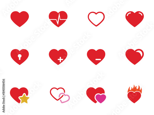 Red Heart Icons Collection for Love and Health Concepts