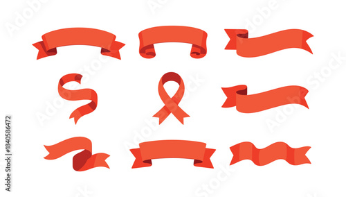 Red ribbon collection, flat vector illustration with banners and scrolls