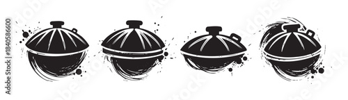 Cooking pots are depicted in a grunge brushstroke style, forming an artistic collection of kitchenware illustrations with a rustic feel.