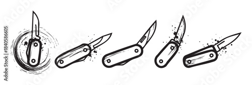 Various pocket knife illustrations are depicted in a stylized black and white grunge art style, showcasing different angles and open blades.