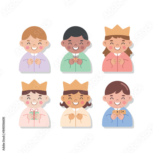 Joyful Children: Six cheerful children wearing golden crowns, embodying purity and merriment. Representing the happiness and innocence of youth.