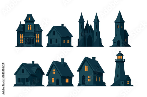 Haunted house collection, spooky castles and lighthouses, flat vector illustration