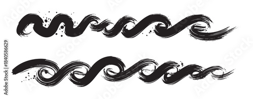 Stylized black ink brushstroke waves form a decorative and expressive border element with a textured, artistic, and contemporary grunge style.