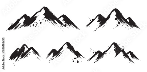 Black ink brush stroke mountain illustrations set with artistic texture and dynamic splatters, capturing the essence of rugged natural landscapes in a minimalist style.