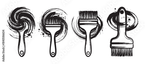 Four artistic paint brushes with expressive black ink strokes creating dynamic circular and oval patterns, illustrating various painting techniques and creative design elements.