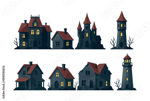 Spooky house collection, haunted castle, lighthouse, flat vector illustration
