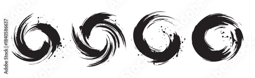 Abstract brushstroke circles with dynamic swirling patterns and textured ink splatters create a striking graphic design element for various creative projects.