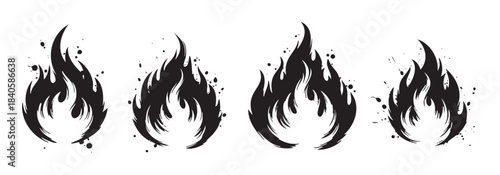 Fire flames icons set featuring a collection of stylized black and white graphic elements with a dynamic, brushstroke-like design and scattered ink splatters.