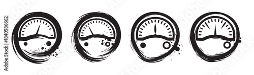 Four grunge style analog gauges display different measurement levels with a distressed, artistic, and textured black and white design.