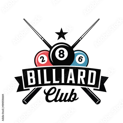 billiard club emblem vector illustration featuring crossed cues, three balls, and a star, ideal for sports badges, pool club logos, tournament branding, and recreational game design projects.