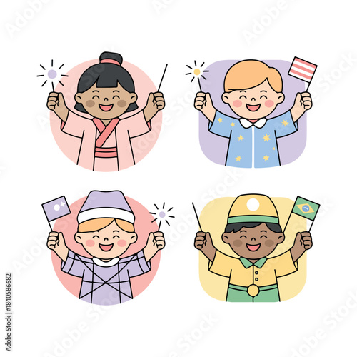 Global Celebration of Flags and Unity: Diverse children joyously wave sparklers and flags representing different nations, symbolizing unity, global connection.Set of funny cartoon vector characters: m