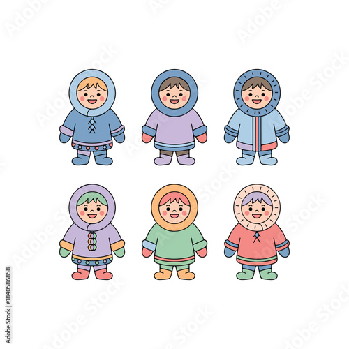 Cozy Eskimo Collection: a group of cheerful cartoon eskimos, showcasing diverse attire and joyful expressions, bringing warmth and color to your design needs.