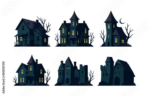 Haunted house collection, spooky castles, eerie mansions, flat vector illustration
